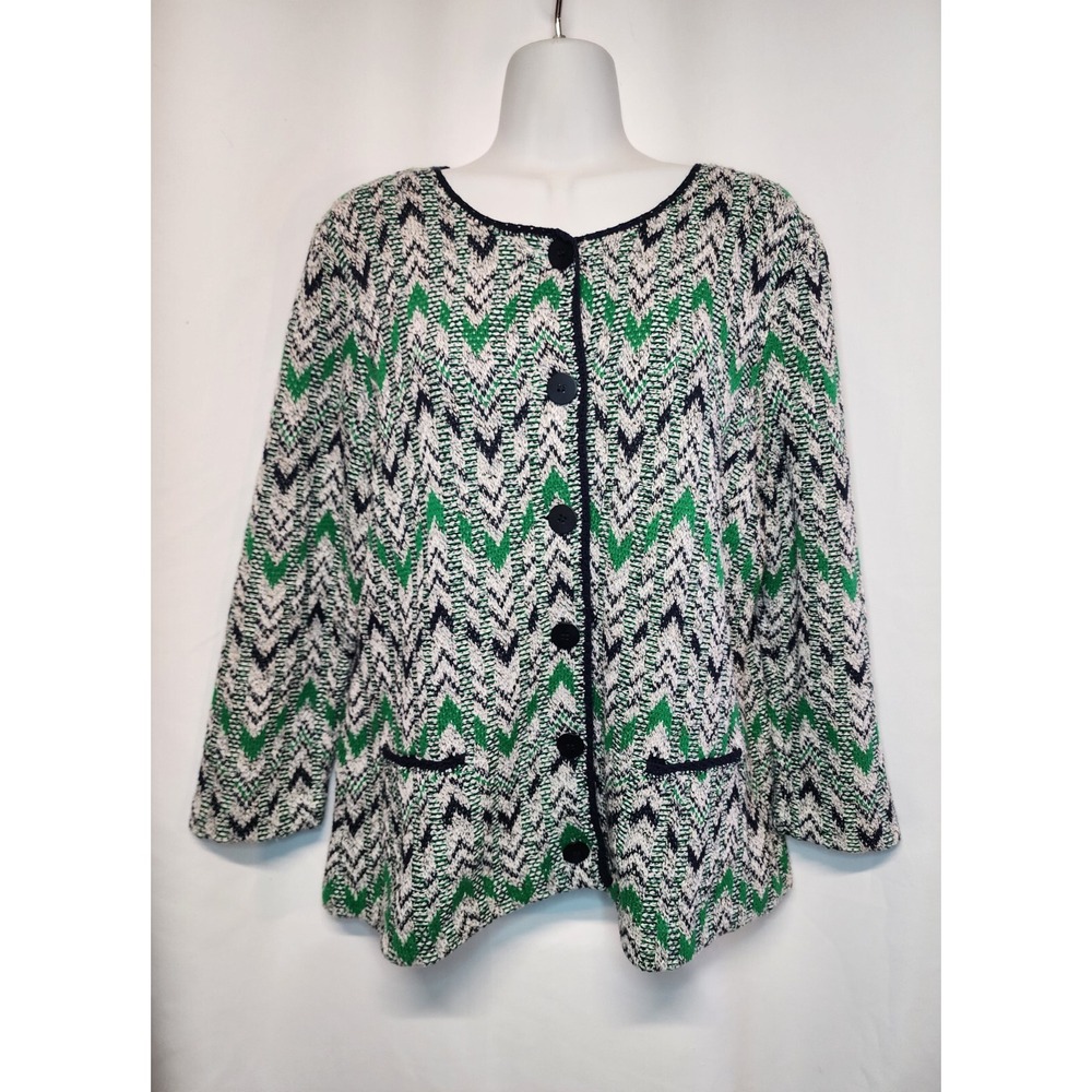 Pendleton Cotton Silk Green Navy Chevron Zig Zag Knit Cardigan Sweater Large
